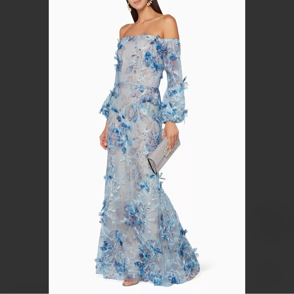Marchesa Elegant Blue 3D Floral Off-Shoulder Dress